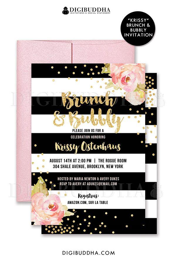 Wedding - BRUNCH & BUBBLY INVITATION Bridal Shower Invite Pink Peonies Black Stripes Gold Glitter Confetti Printable Rose Free Shipping Or DiY- Krissy