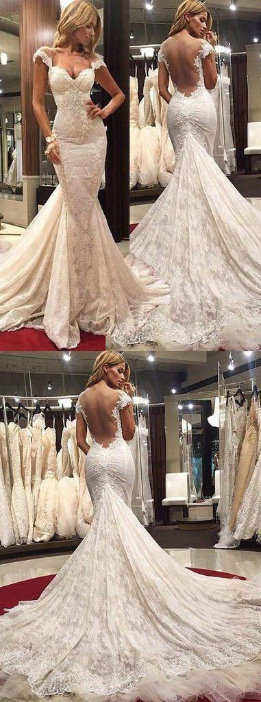 Hochzeit - Gorgeous Scoop Illusion Back Cap Sleeves Wedding Dresses Court Train Lace Sexy Mermaid Prom Dress
