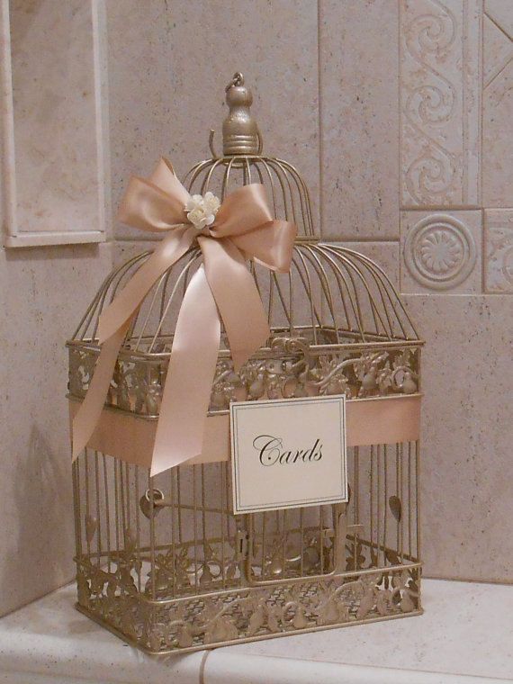 Hochzeit - Large Champagne Gold And Blush Wedding Card Box / Wedding Card Holder / Birdcage Card Holder / Wedding Decor / Large Card Holder / Birdcage