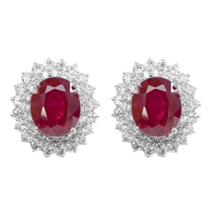زفاف - Vintage 16.55TCW Oval Cut Red Ruby White Sapphire Halo Stud Earrings