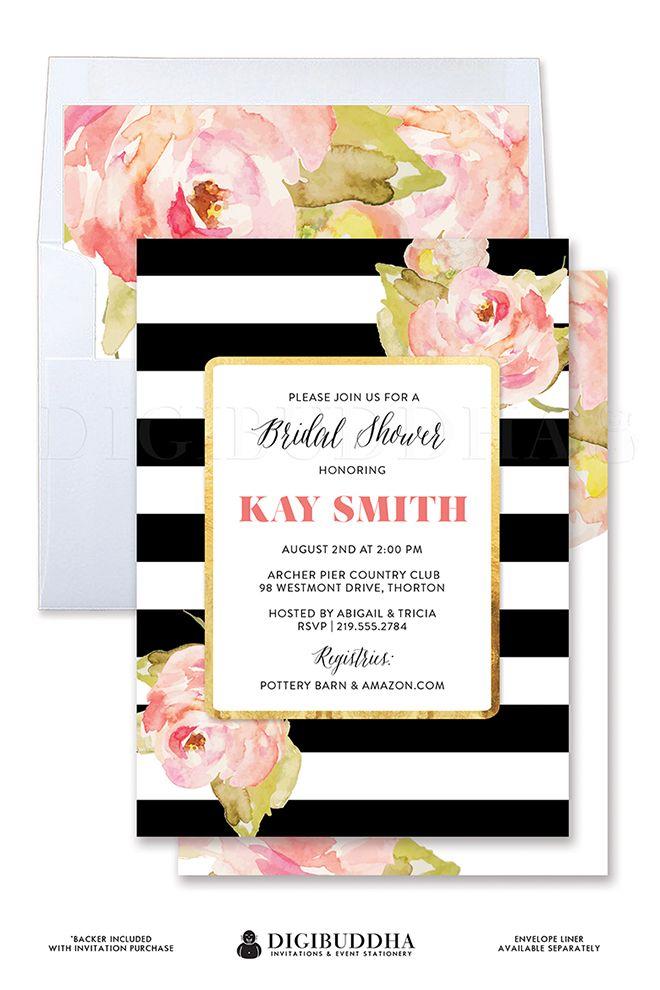 Hochzeit - BLACK & WHITE STRIPE Bridal Shower Invitation Boho Blush Pink Watercolor Flowers Whimsical Wedding Free Shipping Or DiY Printable- Kay