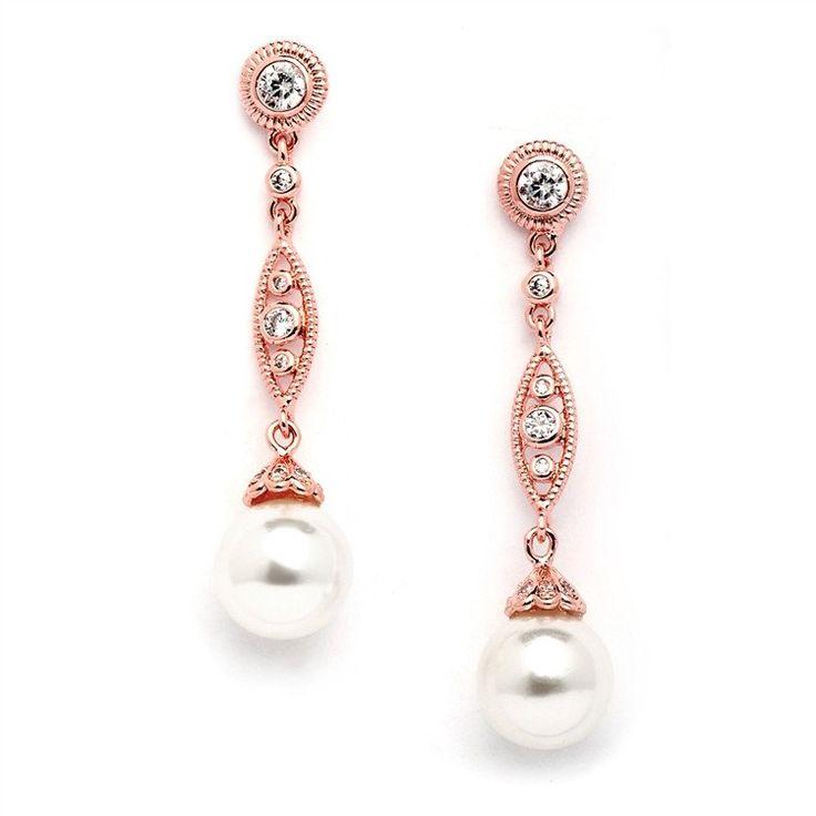 Hochzeit - Vintage 14K Rose Gold Cubic Zirconia Dangle Earrings With Freshwater Pearls