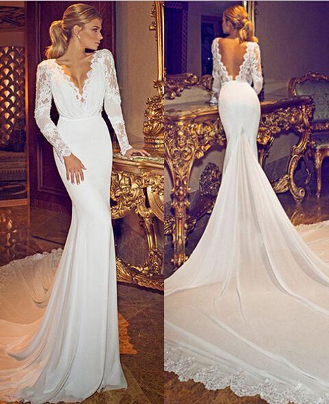 Hochzeit - The New Sexy Lace Mermaid Wedding Dress Deep V-neck Long-sleeved Dream Lace Bridal Gown Trailing Scanning Train Cathedral Wedding Dress Custom Sold By CustomDress