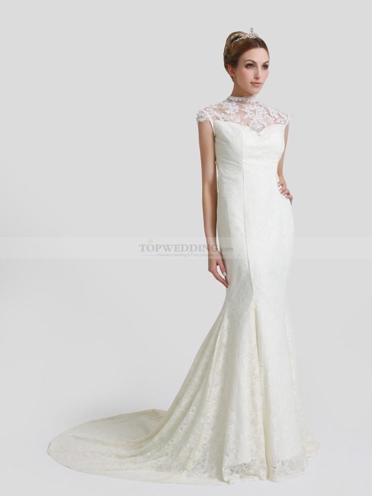 Свадьба - Ivory High Neck Allover Lace Mermaid Wedding Dress With Beading And Rhinestone