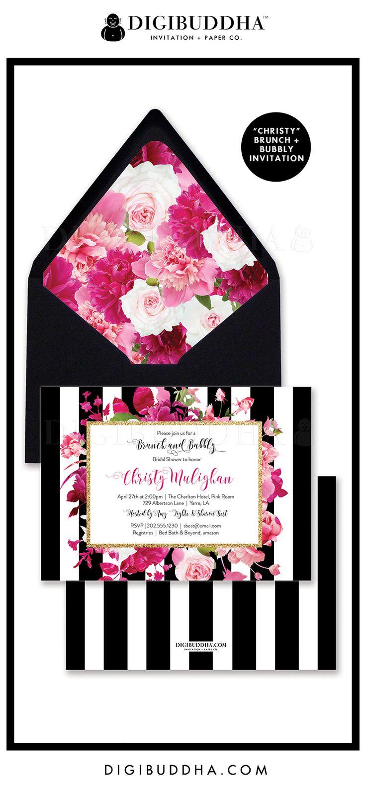 Wedding - BRUNCH & BUBBLY INVITATION Bridal Shower Invite Black White Striped Gold Glitter Pink Printed Or Printable Bridal Shower Invitation- Christy