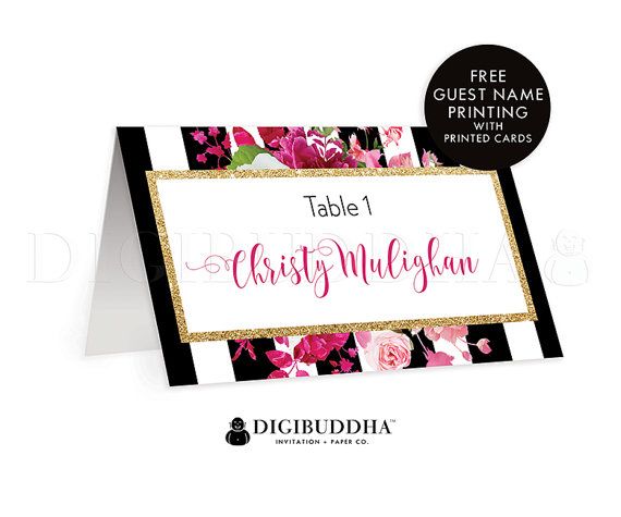 Wedding - TENTED PLACE CARDS Wedding Escort Label Folded Or Flat Placecards Black White Stripe Flowers Gold Glitter Guest Name Printing - Christy