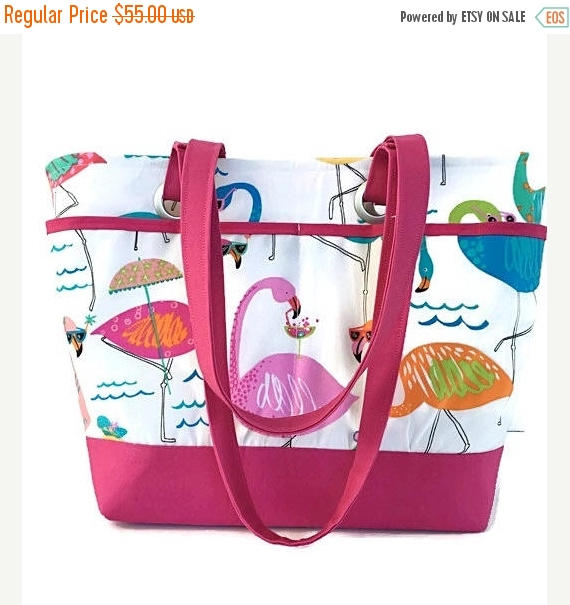 Wedding - SALE large beach bag, tote, flamingo, whimsical, pink, travel tote, waterproof, vacation bag, gift for women, gift for mom