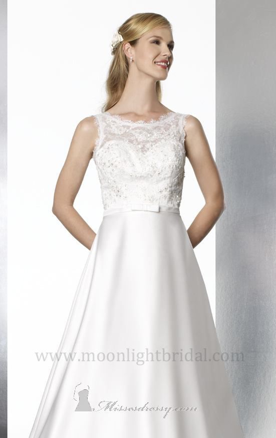 Hochzeit - High Neckline Satin And Lace Gown By Moonlight Bridal