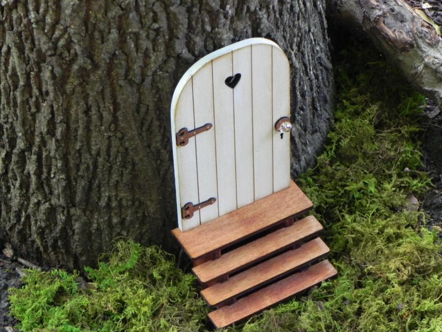 Hochzeit - Fairy Door fairy garden miniature accessories hand crafted  wood cloud white with brown hinges handmade stairs