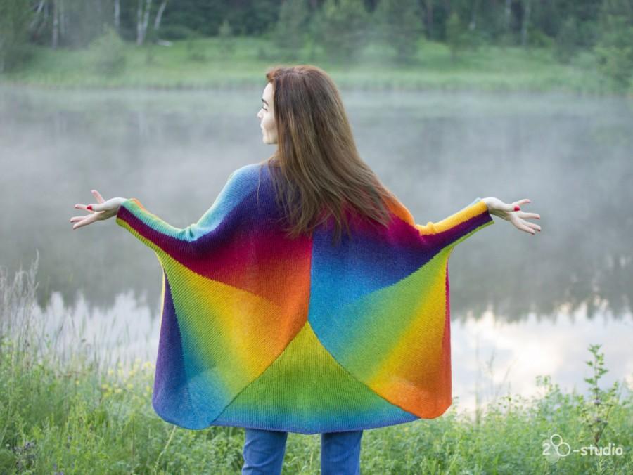 Свадьба - Rainbow Hand Knit oversized  Sweater coat  for Women designer wool original creative cape long sleeve boho cardigan Trendy plussize clothing