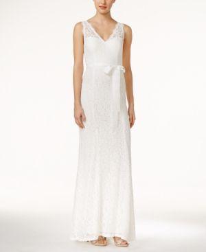 Wedding - Adrianna Papell Lace V-Neck Sash Gown - White 16