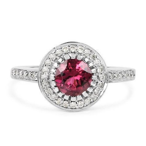 Wedding - A Perfect Natural 1.4CT Pink Tourmaline & White Diamond Halo White Gold Engagement Ring