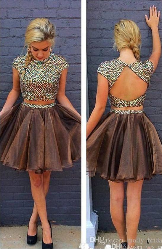 Свадьба - Fashion Chocolate Short Homecoming Dresses Two Pieces Ball Gown Jewel Backless Crystal Draped Cocktail Dress Cheap Short Prom Dress From BallaDresses