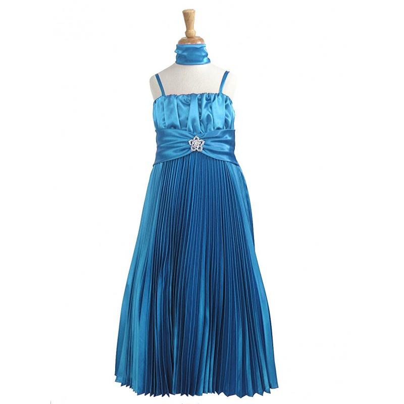 زفاف - Turquoise Pleated Shiny Satin Long Dress Style: D4140 - Charming Wedding Party Dresses