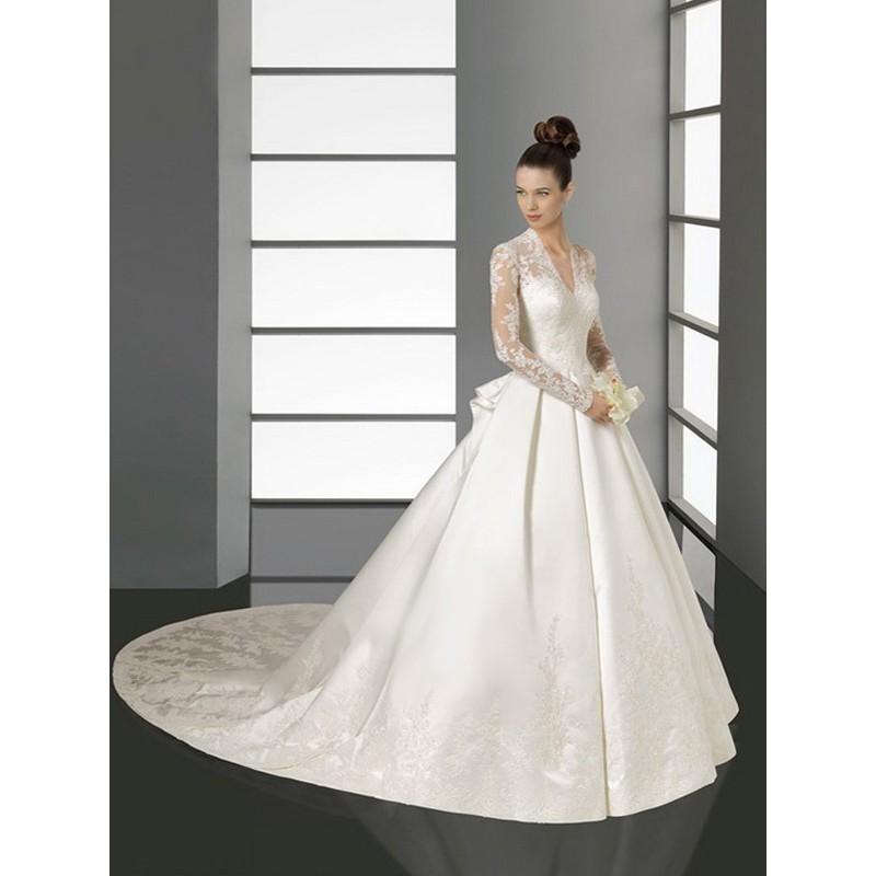 Mariage - A-line Lace Long Sleeves Chapel Train Satin Wedding Dresses In Canada Wedding Dress Prices - dressosity.com