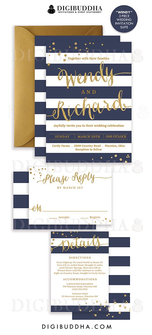 Wedding - NAVY & GOLD WEDDING Invitation Glitter Confetti 3 Pc Suite RSvP Enclosure Card Navy Blue Stripe Invite Free Shipping Or DiY Printable- Wendy