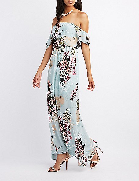 Mariage - Floral Ruffle Off-The-Shoulder Maxi Dress