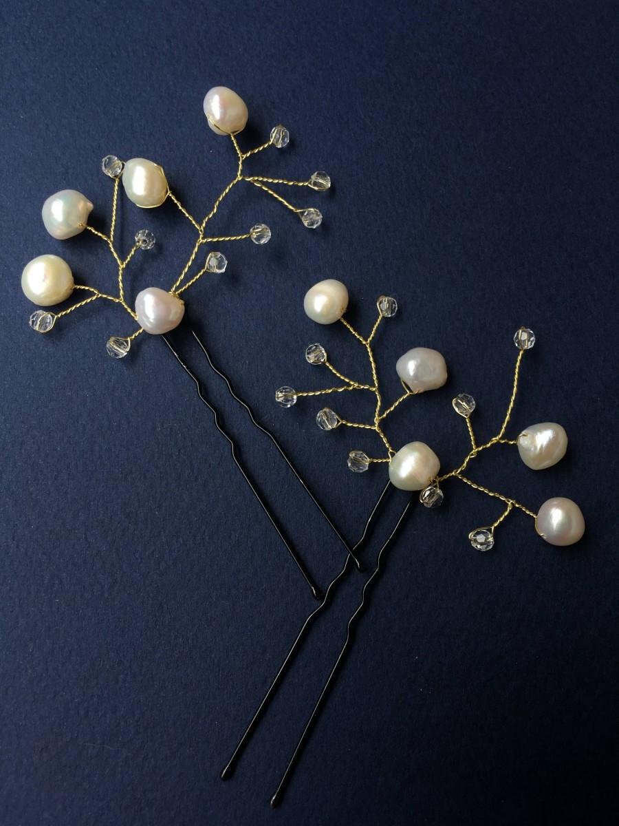 Mariage - Set of 2 Bridal hair pins with natural pearls and crystals, gold wire. Headpiece; Wedding hair pins; bridal hair accessory; hair pick