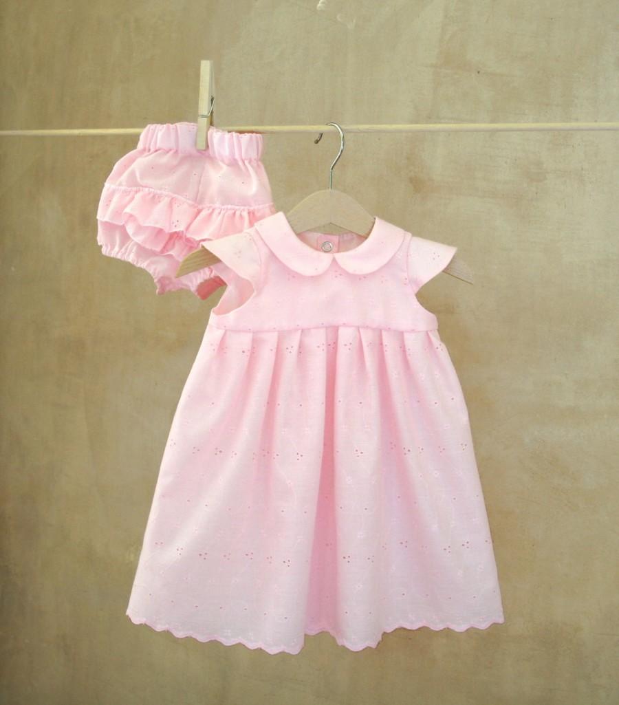 زفاف - Pink eyelet lace Baby girl Outfit, Dress and Diaper Cover, Christening set, Baby dress for wedding, Newborn gown, Flower Girl elegant set