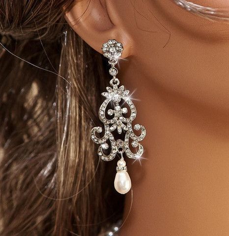 Hochzeit - NICOLA - Vintage Inspired Silver Rhinestone And Swarovski Pearl Bridal Chandelier Earrings