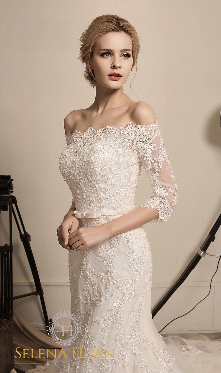 Hochzeit - Rosa Rugosa - Selena Huan Off The Shoulder 3/4 Sleeve Beaded Corded Lace A-line Gown