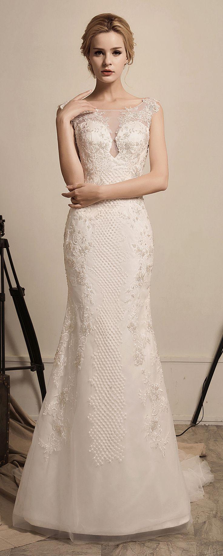 Hochzeit - Fairy Queen - Selena Huan Tank Silver Water Soluble Lace Beaded Sheath Gown With Detachable Layered Train