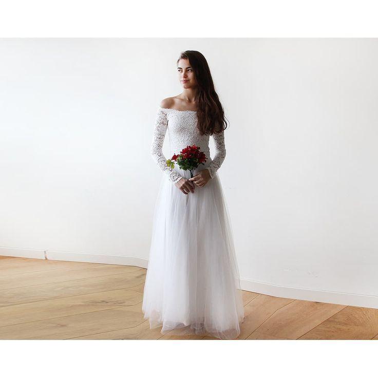 زفاف - Off-The-Shoulder Ivory Lace And Tulle Wedding Maxi Dress