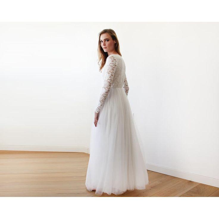 زفاف - Ivory Tulle And Lace Long Sleeve Wedding Maxi Dress