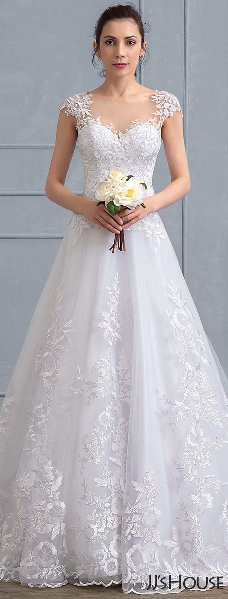 زفاف - A-Line/Princess Scoop Neck Court Train Tulle Lace Wedding Dress (002111937)