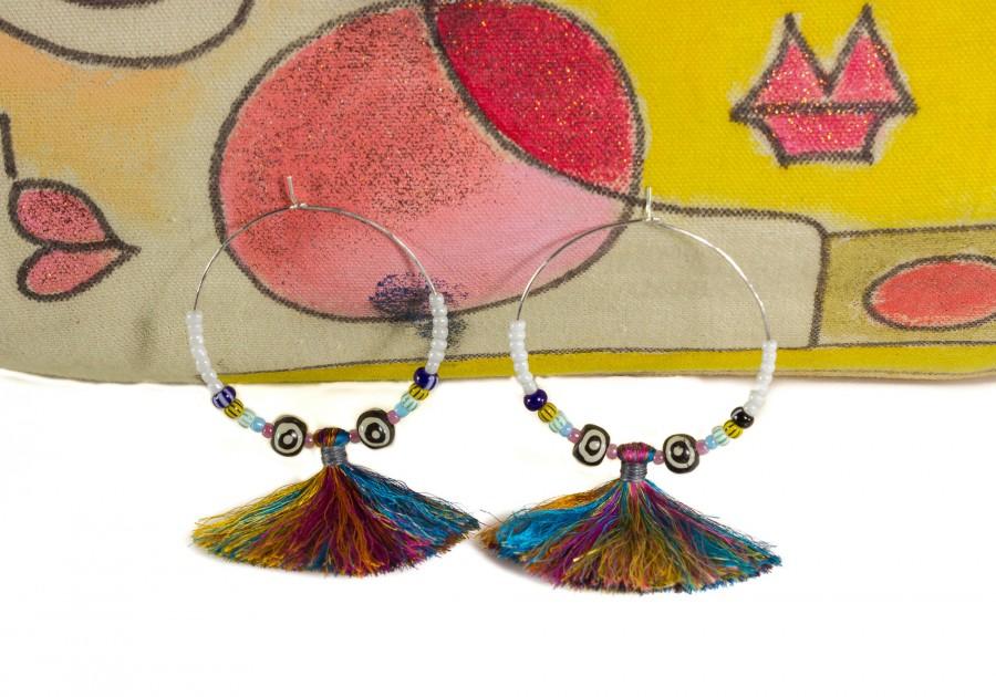 Wedding - Tassel Earrings, Colorful Tassel Earrings, Fringe Earrings, Tribal Earrings, Boho Earrings, Hippie Earrings, Gypsy Hoops, Sterling Silver