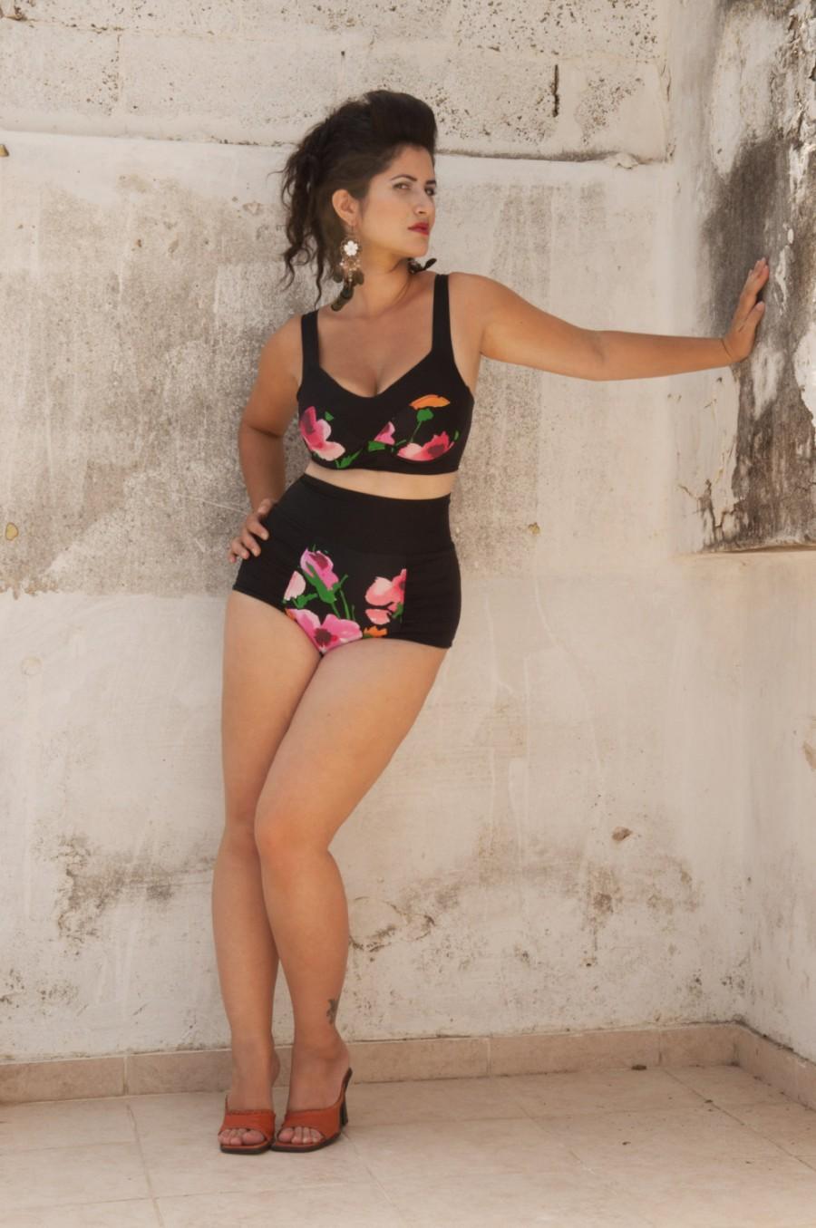 Wedding - High Waisted Bikini Swimsuit ,  50s inspired Swimsuit ,   Black Floral Bathing Suit , custom made to measurements