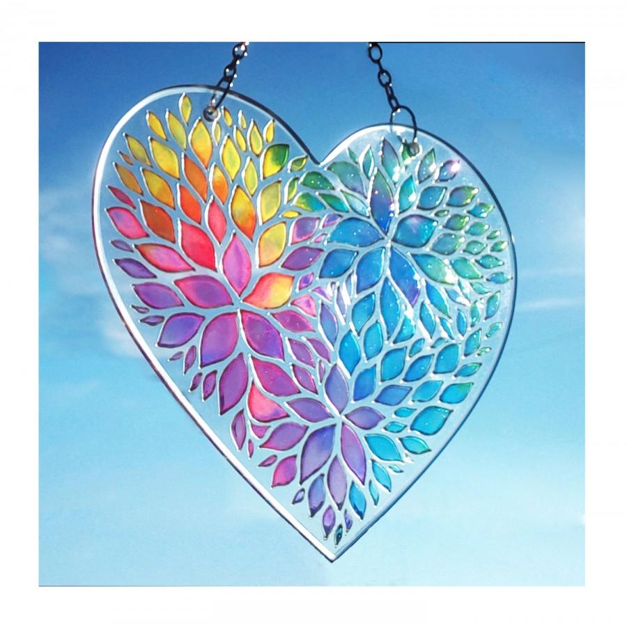 Hochzeit - Hand painted glass Rainbow Heart, Valentines Day gift, Window Hanging Gift, stained glass suncatcher, heart suncatcher, painting on glass