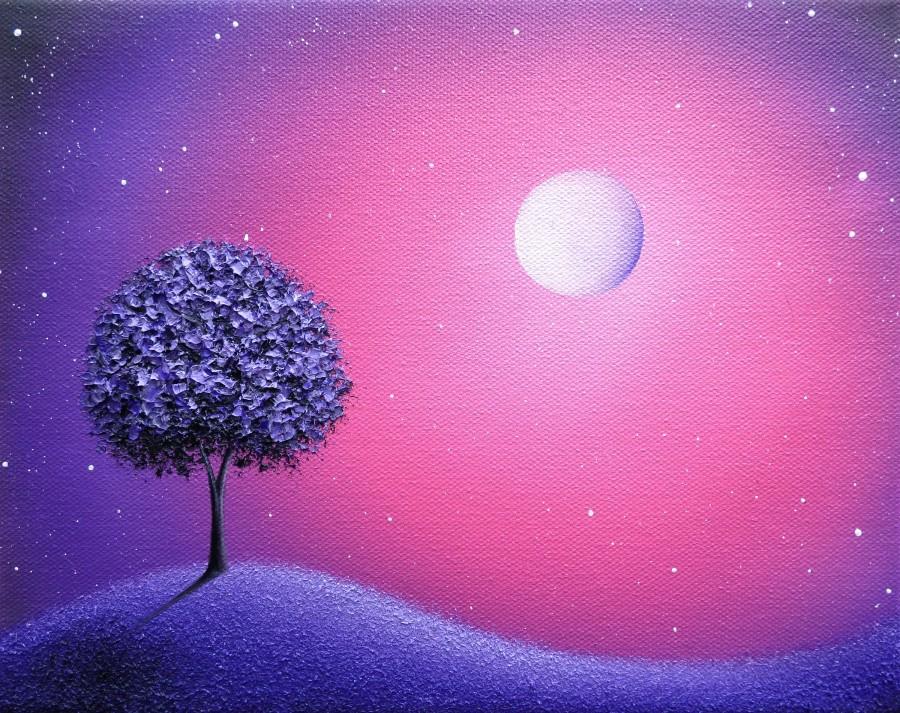 زفاف - Blossoming Tree at Night Art Print, Whimsical Purple Tree Art, Photo Print of Oil Painting, Dreamscape, Purple Night, Starry Sky Landscape