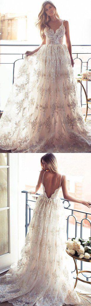 Hochzeit - Full Lace A Line Wedding Dresses Sexy Spaghetti Neck Backless Wedding Gowns Sweep Train Spring Beach Vintage Lurelly Illusion Bridal