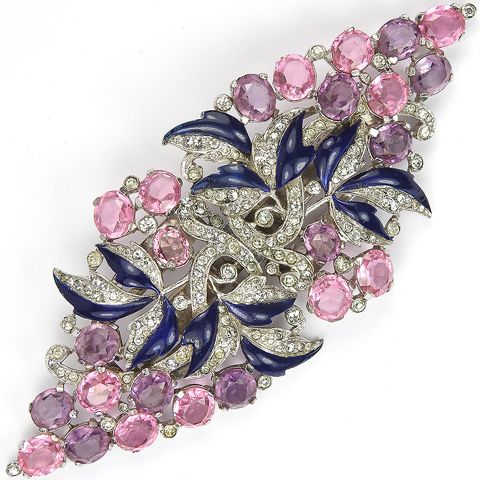Wedding - Trifari 'Alfred Philippe' Pave, Blue Enamel Pink Topaz And Amethysts Floral Spray Pair Of Dress Clips Or Clipmate Pin
