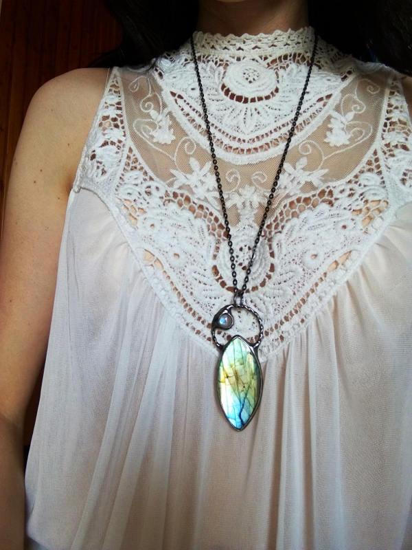 زفاف - Labradorite Necklace, Moonstone with Labradorite Pendant, shine Labradorite, One of a Kind, Romantic Pendant, Unique Jewelry