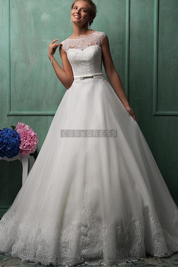 Hochzeit - Ball Gown Capped Sleeves Sash Lace Wedding Dress
