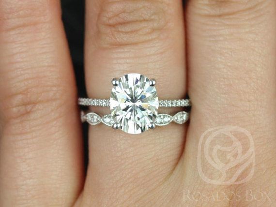 Mariage - Blake 10x8mm & Christie 14kt White Gold Oval F1- Moissanite And Diamonds Cathedral Wedding Set (Other Metals And Stone Options Available)