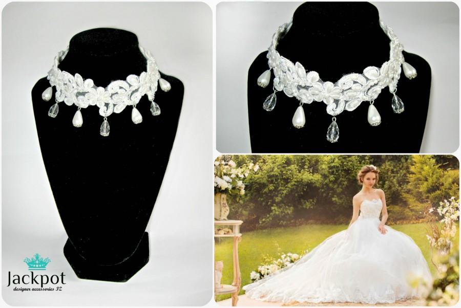 زفاف - White wedding choker necklace with crystals and beads Statement necklace Bridal lace necklace Crystal beaded necklace Wedding Lace jewelry
