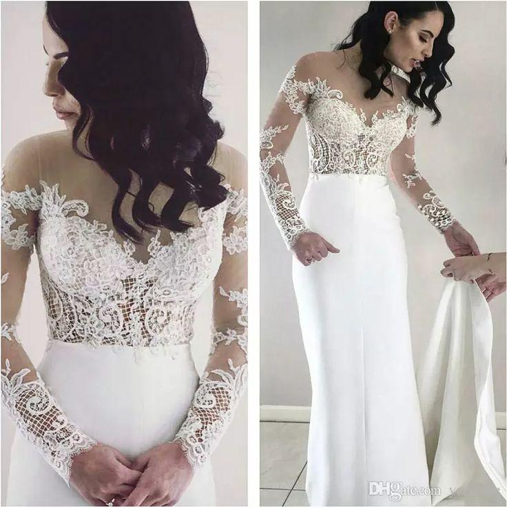 Mariage - New Fashion Lace Appliqued Long Wedding Dresses 2017 Illusion Neckline Long Sleeves Soft Satin Bridal Gowns Backless High Quality