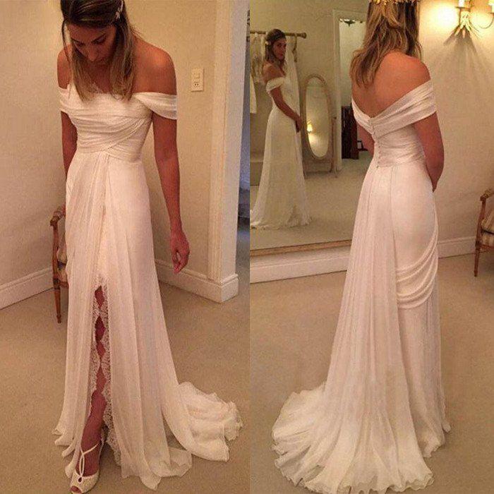 Wedding - Off Shoulder Side Split Lace Simple Long Cheap Brides Wedding Dresses, BG51551 - US0 / Picture Color