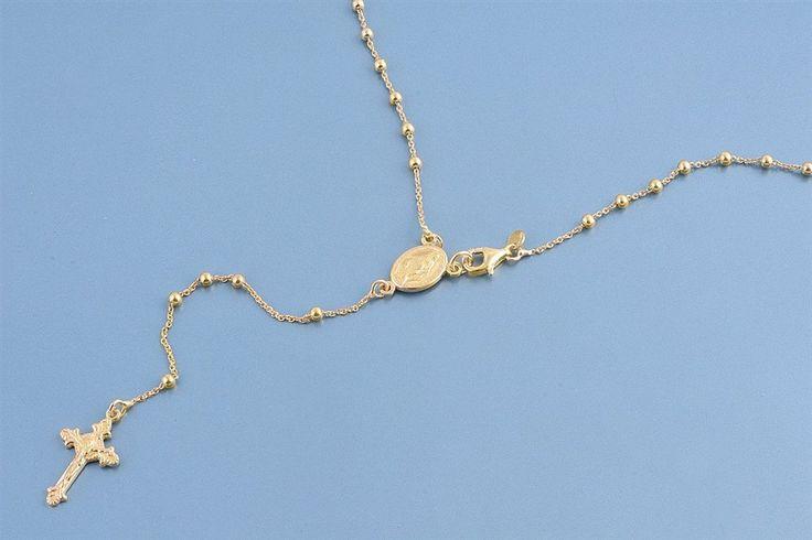 زفاف - Italian 14K Yellow Gold Rosary Necklace Prayer Pendant