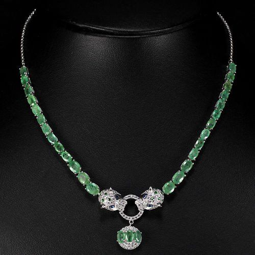Hochzeit - Natural Oval Cut Green Emerald & Blue Sapphire Jaguar Necklace