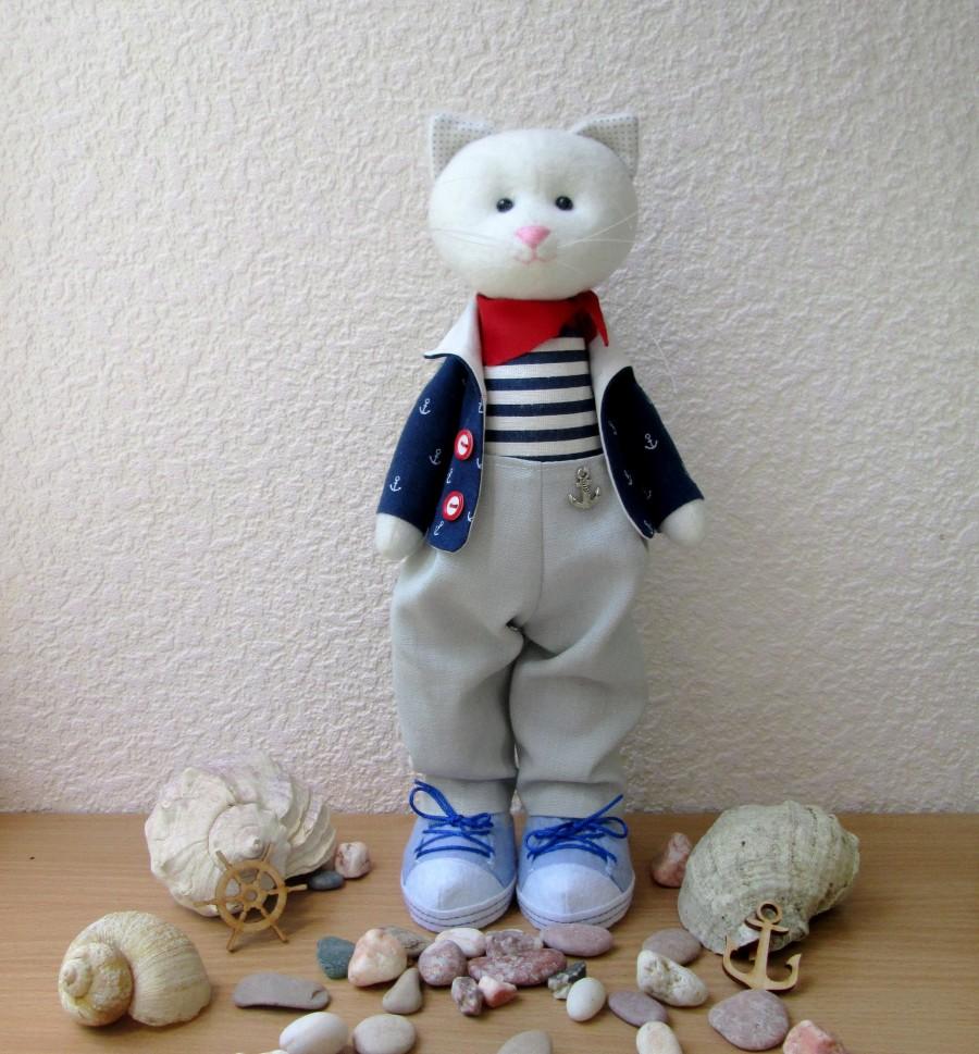 زفاف - Cat Handmade Doll, Cat doll ,Cat-stuffed toy, Cat Plushie , Doll Fabric cat, decorative toy,girl gift, boy gift ,cat lover gift,sea styl,sea