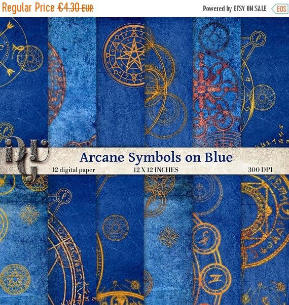 Mariage - GREAT SALE BOHO Digital Paper Blue - Arcane Symbols on Blue Digital Paper Pack Bohemian Bohemian Backgrounds Instant Download Scrapbooking P