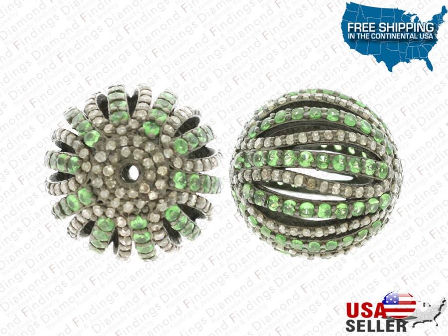 Hochzeit - Round Shape Tsavorite and Diamond Silver Ball Bead with 925 Silver and Natural GemStone Tsavorite and Diamond, Diamond Findings, New designs