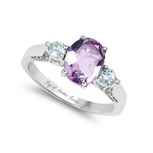 Wedding - A Natural 1.6CT Oval Cut Rose De France Pink Amethyst Swiss Blue & White Topaz Ring