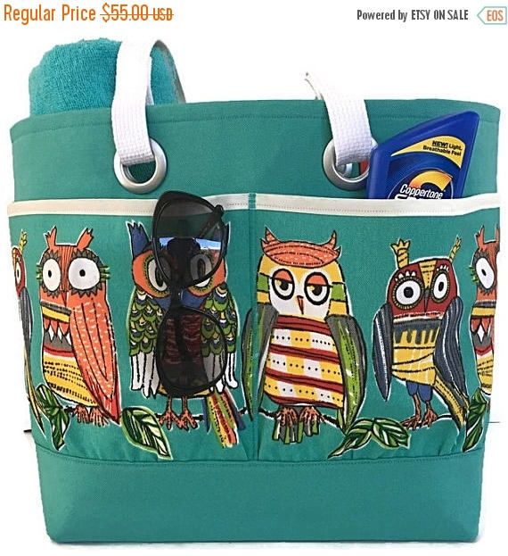 زفاف - SALE Large beach bag, owl lover, beach Tote bag, Blue, owls, travel tote, waterproof lined, vacation bag, gift for her, deesdeezigns