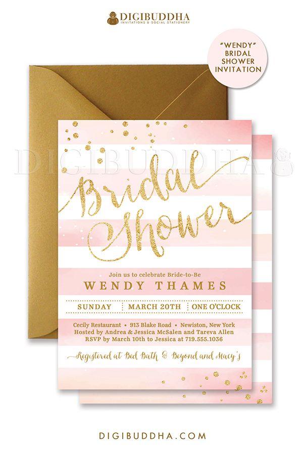 Wedding - Blush PINK & GOLD BRIDAL Shower Invitation Stripes Printable Invite Pink Watercolor Glitter Wedding Free Priority Shipping Or DiY- Wendy