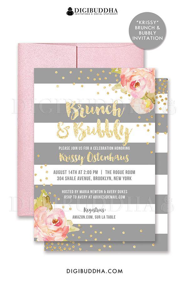 Wedding - BRUNCH & BUBBLY INVITATION Bridal Shower Invite Pink Peonies Gray Stripes Gold Glitter Confetti Printable Rose Free Shipping Or DiY- Krissy